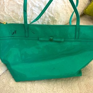 Large jade patent tote bag zip top